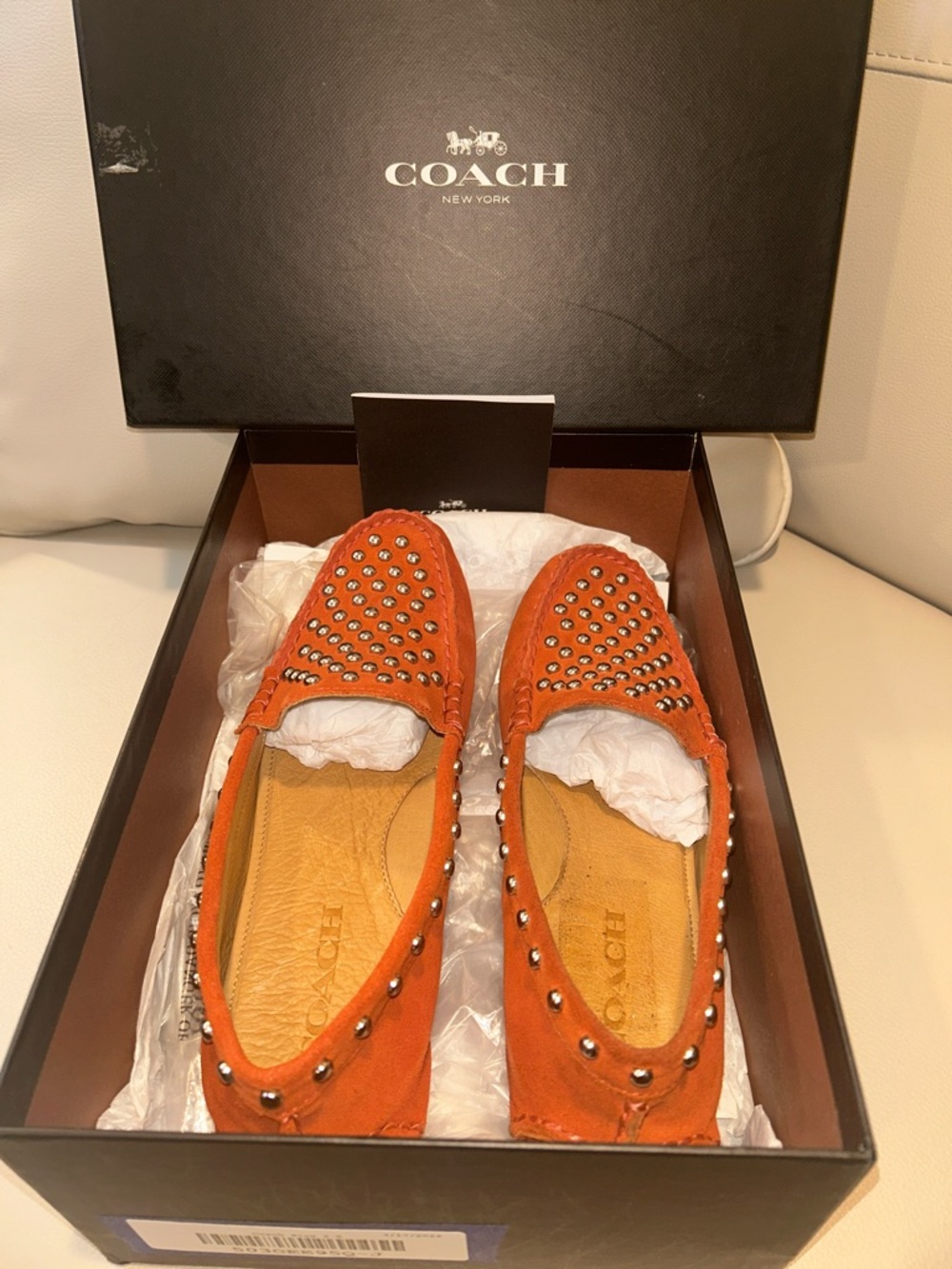 COACH NWOT Arlene Orange Suede Studded Moccasin